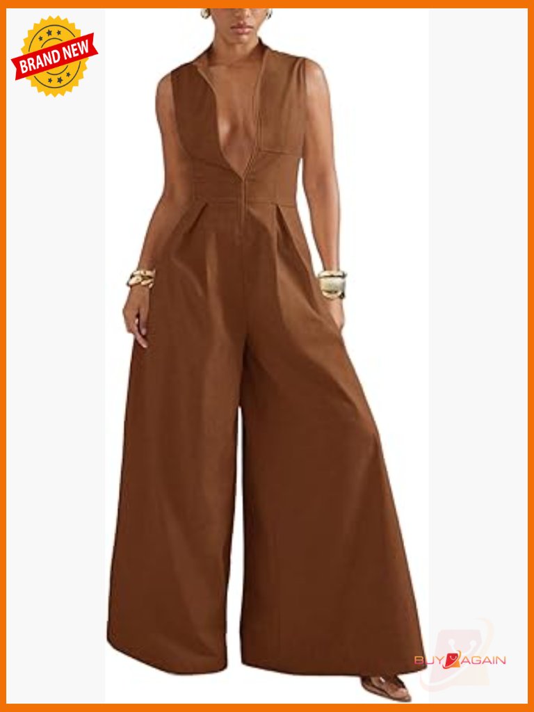 Zip Up Wide Leg Jumpsuit Sleeveless One Piece Mock Neck